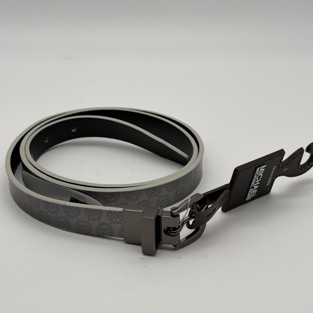 Michael Kors Reversible Belt Women's L Gray MK Logo Black Leather 553351 NWT